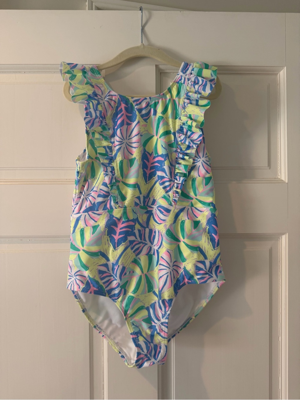 wonder nation Girls Tropical Leaf Print One-Piece Swimsuit - Green, Blue, Pink